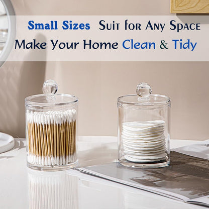 Qtip Holder Dispenser - 4 Pack Clear Plastic Apothecary Jar Set for Cotton Balls & Swabs | Bathroom Storage Organizer