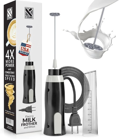 K-Brands Electric Milk Frother - Handheld Whisk for Coffee, Latte & Cappuccino - Powerful Foam Maker