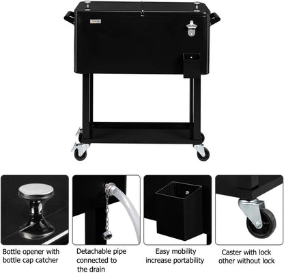 VINGLI 80 Quart Rolling Ice Chest, Portable Patio Party Bar Drink Cooler Cart, with Shelf, Beverage Pool with Bottle Opener