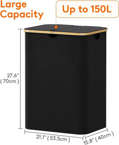 Lifewit 150L Laundry Basket - Foldable Hamper with Lid & Bamboo Handles | Black, 2 Removable Bags