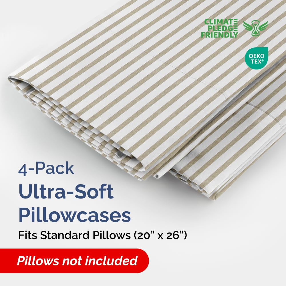 Standard Pillow Cases Set of 4 - Soft Hotel Quality Pillowcase Covers - Comfy, Cozy Bedding for Women, Men, Kids & Teens - Machine Washable Pillow Protectors - 4 Piece - Standard Size Beige Stripes