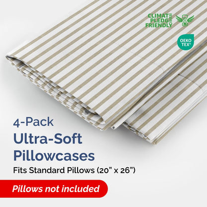 Standard Pillow Cases Set of 4 - Soft Hotel Quality Pillowcase Covers - Comfy, Cozy Bedding for Women, Men, Kids & Teens - Machine Washable Pillow Protectors - 4 Piece - Standard Size Beige Stripes