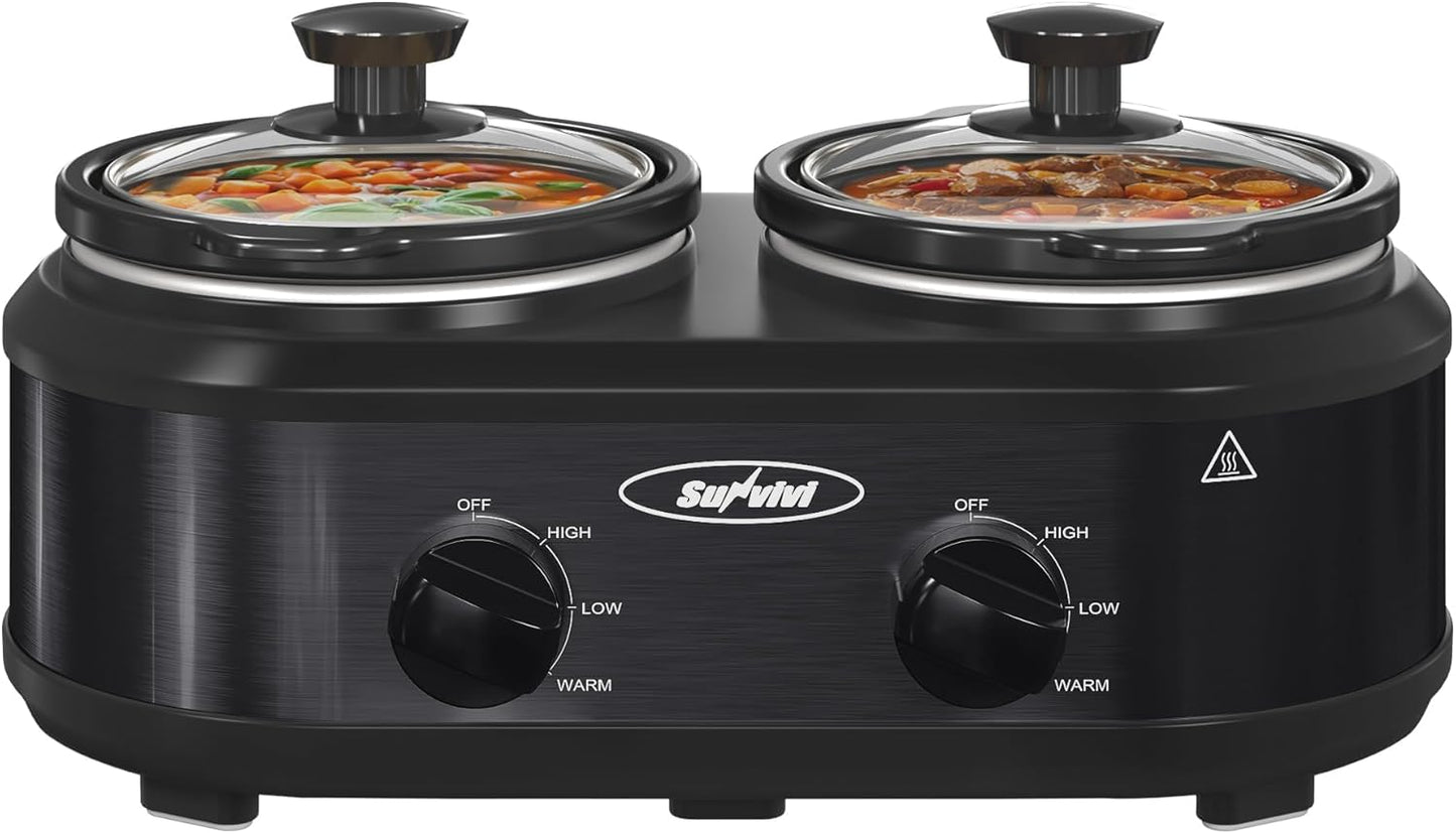 Sunvivi Double Slow Cooker - Dual Pot Mini Crock Buffet Server with Adjustable Temp | 2 x 1.25 Quarts Black