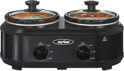 Sunvivi Double Slow Cooker - Dual Pot Mini Crock Buffet Server with Adjustable Temp | 2 x 1.25 Quarts Black