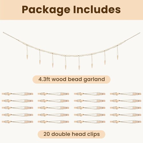 KLOGTSIND Hanging Photo Display - Boho Wooden Beads Garland with 28 Clips | Collage Art Holder for Room Decor