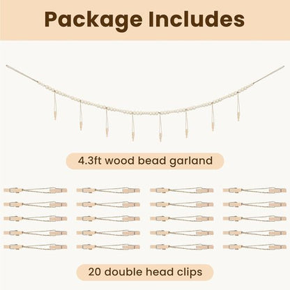 KLOGTSIND Hanging Photo Display - Boho Wooden Beads Garland with 28 Clips | Collage Art Holder for Room Decor