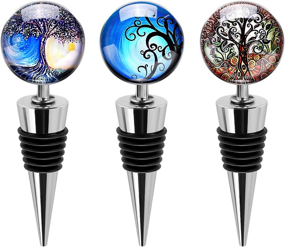 Soleebee 3 Pack Decorative Wine Stoppers, Wine Bottle Stopper with Beautiful Art Glass, Reusable Beverage Bottle Stoppers for Bar, Gifts, Holiday Party, Kitchen Decor (Tree of Life)