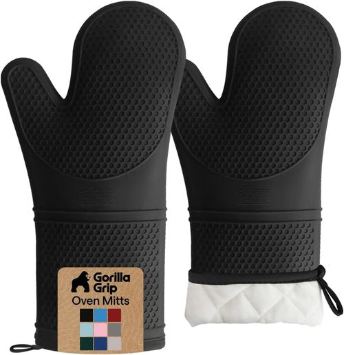 GORILLA GRIP Silicone Oven Mitts - BPA-Free, Heat Resistant, Waterproof | Set of 2, Black, 14.5x8.3 Inches