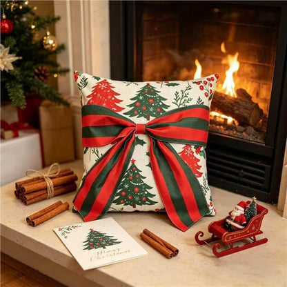 Christmas Pillow Covers 18x18 Inches Set of 2 - Red Pine Cones & Green Plant Prints