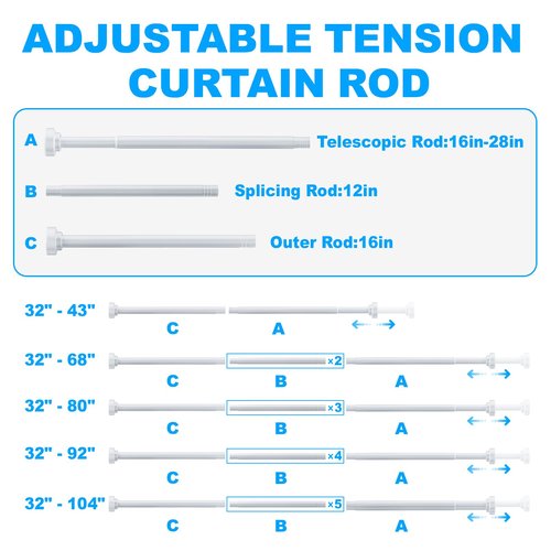 TEECK Shower Curtain Rod, 32-92 inch Adjustable Spring Tension Curtain Rod, Never Rust Anti-Slip Shower Curtain Rod for Bathroom, No Drilling, Never Collapse, Easy to Use, White
