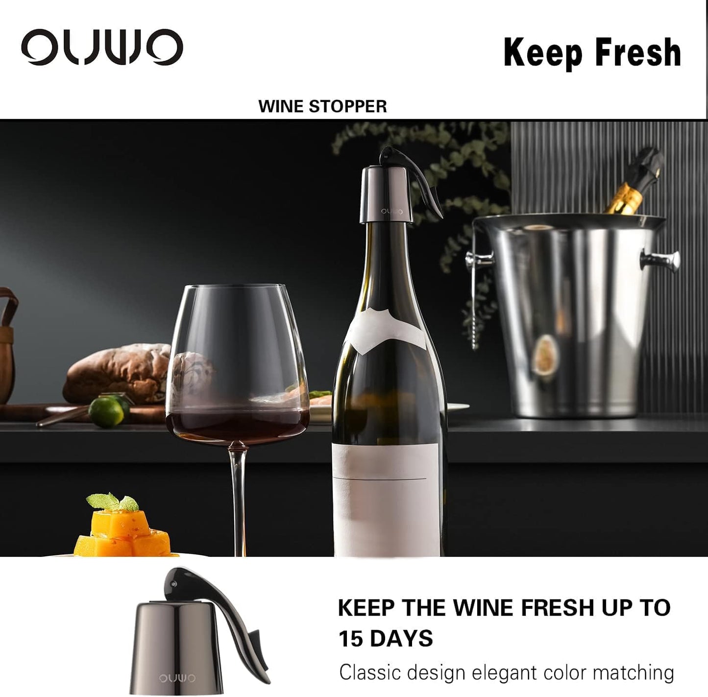 Wine Stopper Stainless Steel Wine Bottle Stoppers Plug with Silicone Wine Toppers Stopper Reusable Wine Cork Superior Leak-Proof Keeps Wine Fresh Best Gift Accessories Metalblack 2 pack