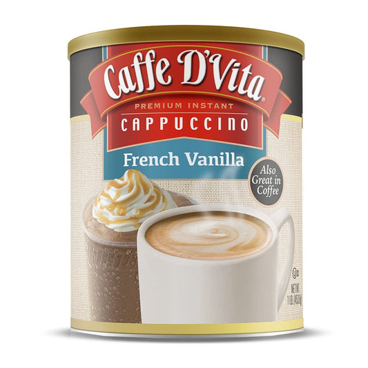 Caffe D’Vita French Vanilla Cappuccino Mix - Instant Cappuccino Mix, French Vanilla Instant Coffee, Gluten Free, No Cholesterol, No Hydrogenated Oils, 99% Caffeine Free - 1 Lb Can