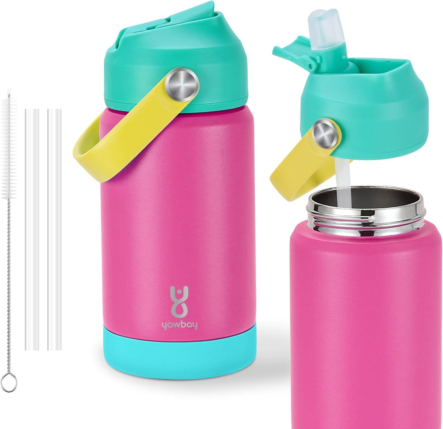 Skiennix Kids Insulated Water Bottle - 12oz Leak-Proof Straw Lid & Silicone Handle | Rose Pink