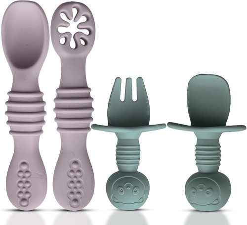 HippoBaby Silicone Baby Utensils Set - 4-Piece Self-Feeding Spoons & Fork for 6-12 Months - BPA Free, Dishwasher Safe (Light Pink/Army Green)