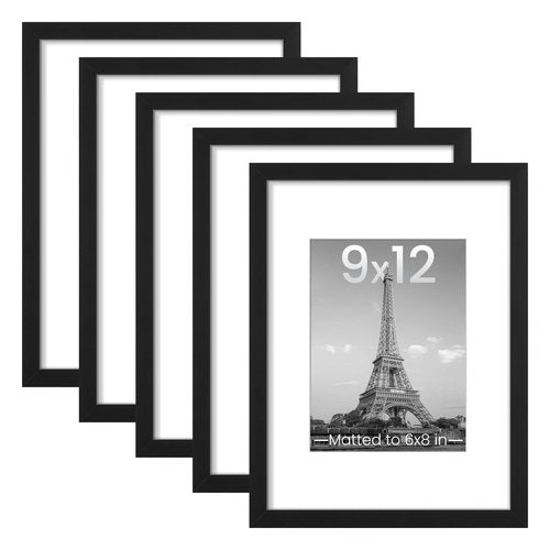 upsimples 9x12 Picture Frame Set of 5, Display Pictures 6x8 with Mat or 9 x 12 Without, Wall Gallery Photo Frames, Black