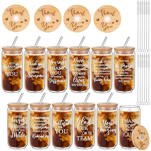 Employee Appreciation Gift Set - 12 Glass Cups with Bamboo Lids & Straws, 16oz, Christmas & Religious Gifts