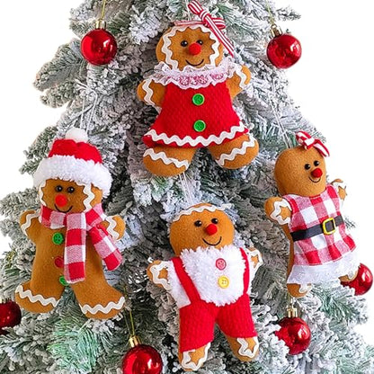 Gingerbread Man Ornaments Set - 4 Christmas Tree Decorations, 5.7 Inch & 6.8 Inch Tall, Holiday Decor