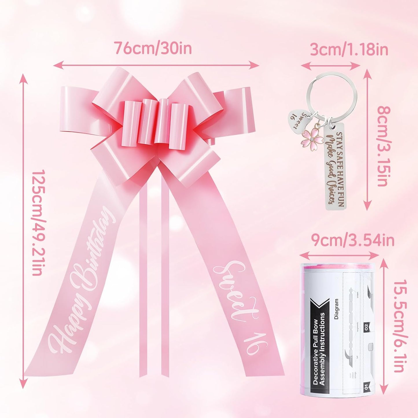 Skiennix 30 Inch Giant Car Bow - Big Pink Bow for Sweet 16 Birthday Surprise | Easy Pull Ribbon Decoration