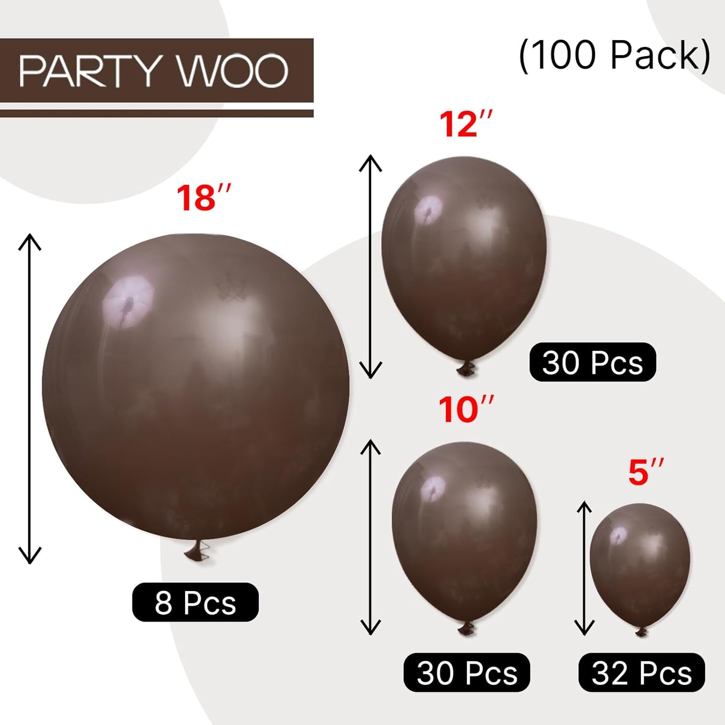 PartyWoo Dark Brown Balloons - 100pcs Boho Coffee Neutral Fall Arch Kit | 5-18 Inch Sizes for Events