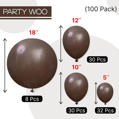 PartyWoo Dark Brown Balloons - 100pcs Boho Coffee Neutral Fall Arch Kit | 5-18 Inch Sizes for Events
