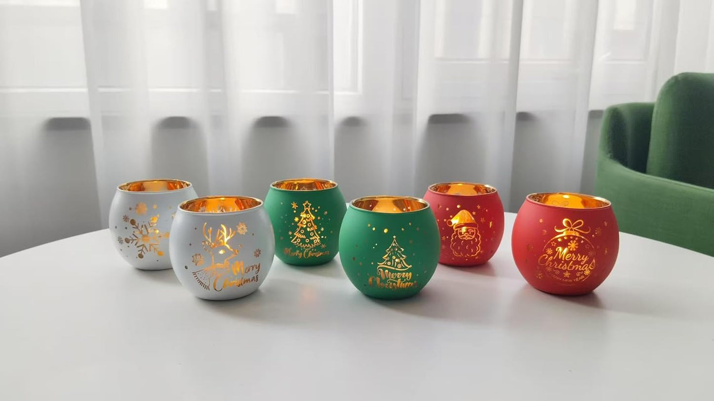 Skiennix Christmas Votive Candle Holder Set - 6 Laser Engraved Designs for Festive Table Decor
