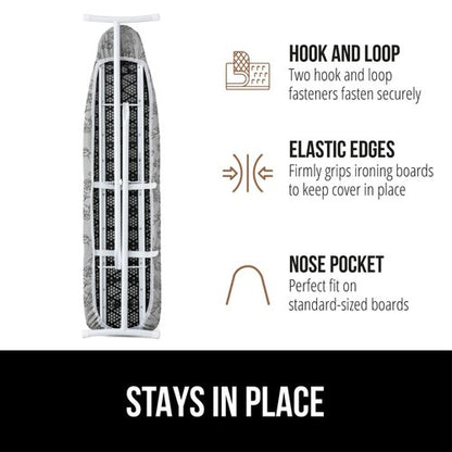 GORILLA GRIP The Original Ironing Board Cover and Pad, Silicone Coating, 400°F Scorch Resistant Thick Padding, Heavy Duty Iron Covers Standard Boards, Hook and Loop Fastener Strap, Gray Floral 15x54