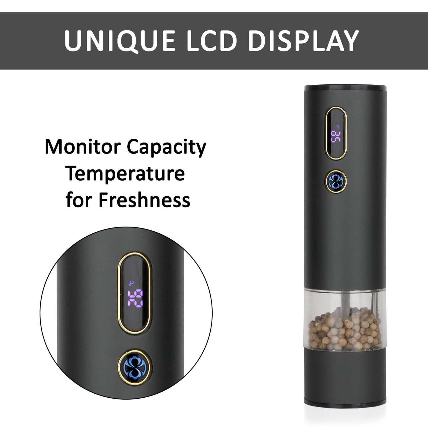 Rechargeable Electric Salt and Pepper Grinder Set with LCD Display, Adjustable Coarseness, Automatic Salt & Pepper Grinder Set for Kitchen, Aluminum Alloy Electric Pepper Mill