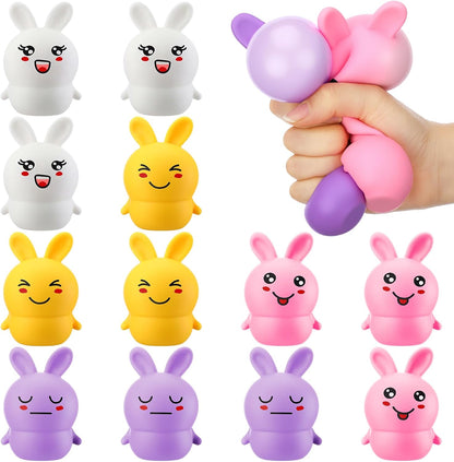 Meooeck 12 Pcs Easter Bunny Mini Squeeze Balls Easter Basket Stuffers, Egg Fillers, Rabbit Stress Balls for Adults Stress Relief Fidget Party Favors Gifts Office ADHD Autism Anxiety