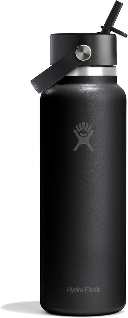 Hydro Flask Water Bottle - Insulated Stainless Steel - Leakproof Wide Straw Lid | 40 Oz Tonal Black