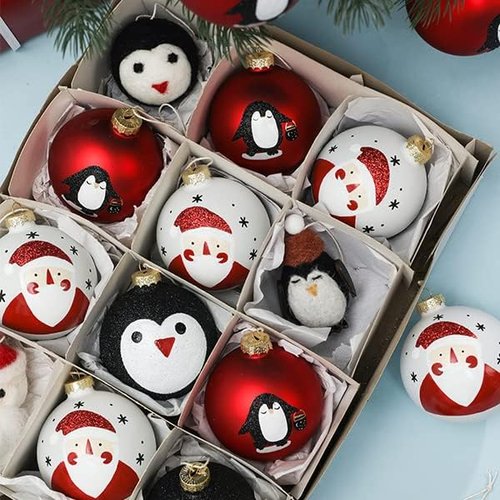 DN DECONATION Black and White Christmas Ornament - Cute Hand-Painted Santa Ball for Tree | Red Glass Decoration