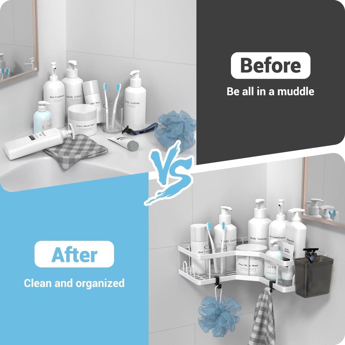 AKTECKE Shower Caddy | 2-Pack Corner Organizer Shelf - No-Drill Stainless Steel Bathroom Storage with Hooks