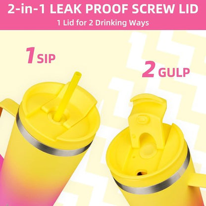 BJPKPK Insulated Tumbler - 22oz Stainless Steel Travel Mug with Handle, Lid & Straw | Pink & Yellow Rose