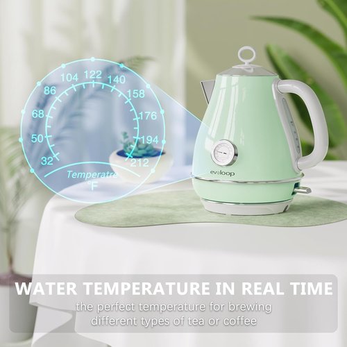 Evoloop Electric Tea Kettle - 1500W Retro Hot Water Boiler with Thermometer & Auto Shut-Off | 1.7L Stainless Steel