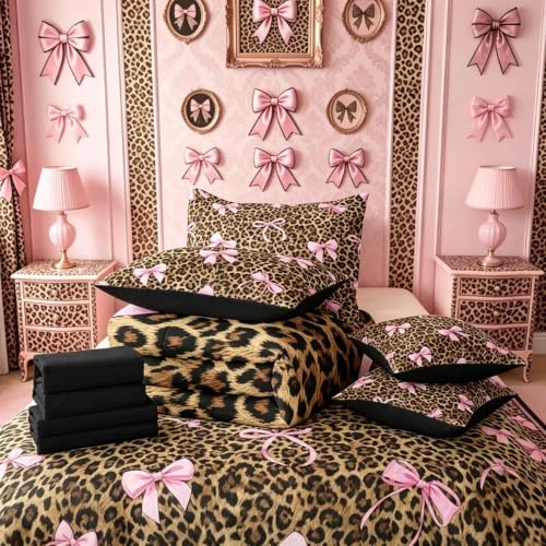Leopard Print Bow 7-Piece Bedding Set Queen Pink Yellow Variation