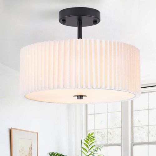 Bargeni Semi Flush Mount Ceiling Light,12.5 inch Ceiling Light Fixture,Black Flush Mount Light Fixture with Pleated Fabric Drum Shade,Light Fixtures Ceiling Mount for Bedroom,Living Room,Hallway