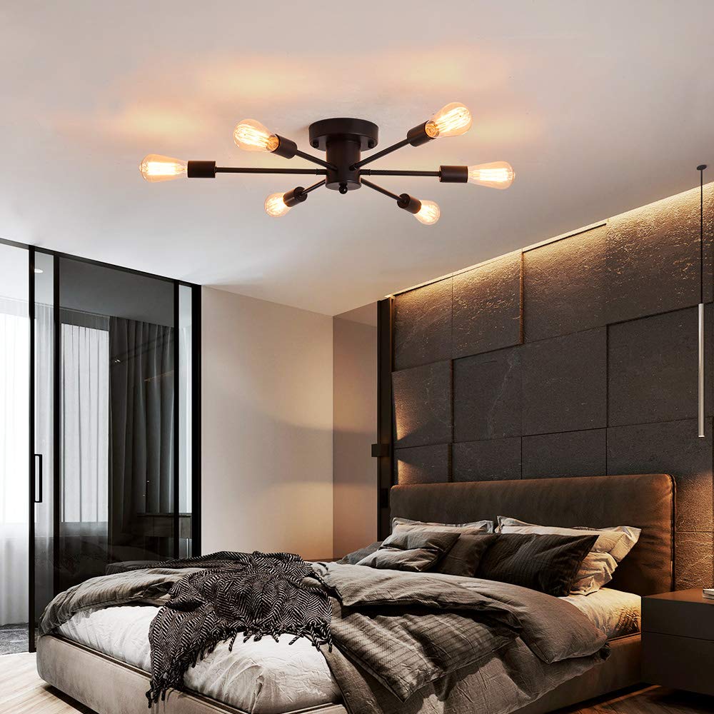 UOFUS 6 Lights Sputnik Semi Flush Mount Ceiling Light Matte Black Modern Edison Chandelier Industrial Close to Ceiling Light for Farmhouse Dining Room Kitchen Bedroom Living Room Study