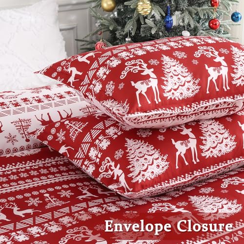 Christmas Reindeer Duvet Cover King Size - Red & White Microfiber Bedding Set with Reversible Holiday Print - STARBEDIA