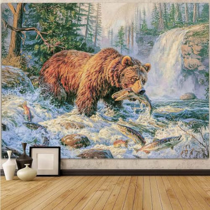 Farmhouse Wall Tapestry - Brown Bear Catching Salmon in River, 36x48in - Rustic Cabin Decor