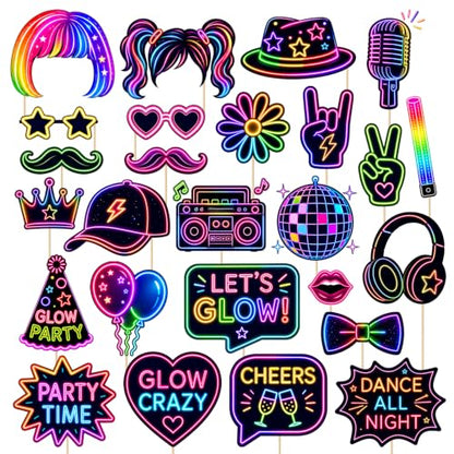 Neon Birthday Selfie Photo Booth Props Set - 26 Glow Party Accessories