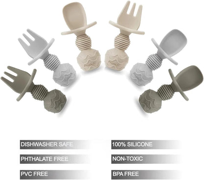 PandaEar Silicone Baby Spoons & Fork Feeding Set - Anti-Choke Utensils for Baby Led Weaning | 6 Pack (Tan, Walnut & Grey)