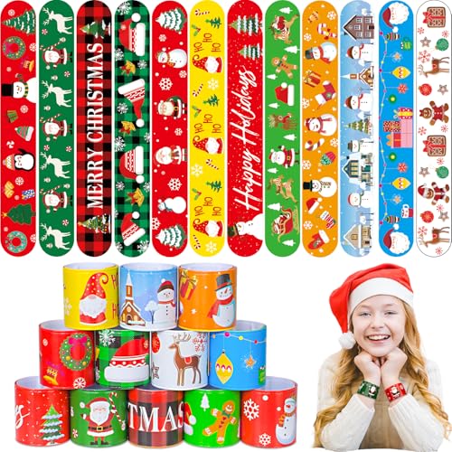 Christmas Slap Bracelets Set - 48pcs with Santa, Snowflakes & Reindeer - Holiday Party Favors