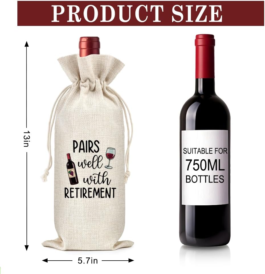Pairs Well With Retirement Canvas Wine Tote Bag, Funny Retirement Farewell Gifts for Retiree Colleague Leader Boss Mentor Wine Lover, Retirements Party Wine Bottle Gift Bag with Drawstring
