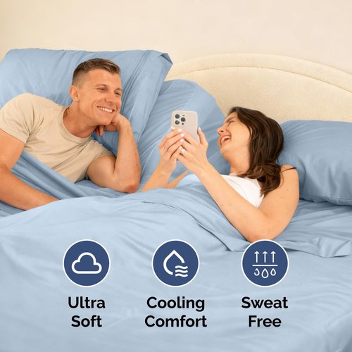 Flex Top Split Head King 4 Piece Sheet Set - Comfy Breathable & Cooling Bed Sheets Set - Hotel Luxury Bedding for Women, Men, Kids, Teens, Boys & Girls - Deep Pockets, Ultra-Soft - Oeko-Tex - Sky Blue