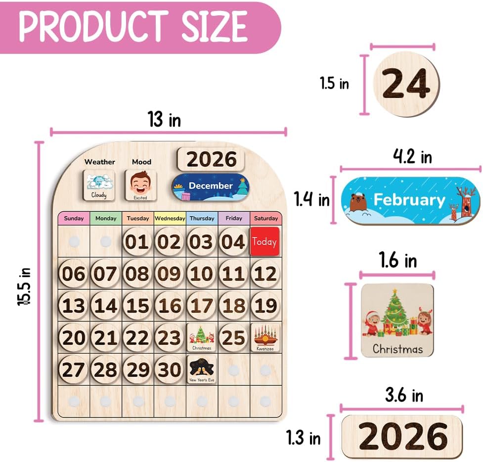 TinyKidz Wooden Calendar - Educational Learning Tool for Kids | Preschool & Toddler Size