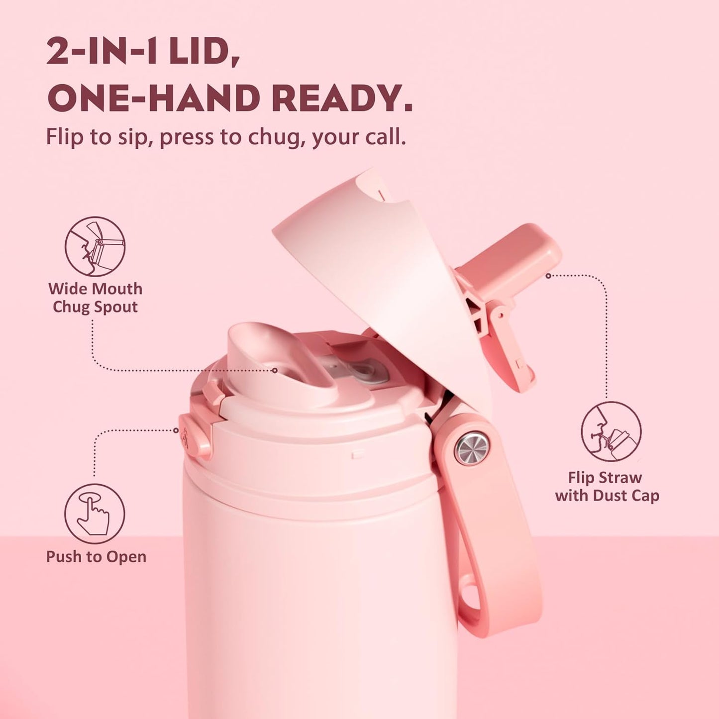POWCAN 24 oz Insulated Water Bottle - 2-in-1 Lid with Push-Button Spout & Quick-Flip Straw | Leakproof, Stainless Steel, Cotton Candy