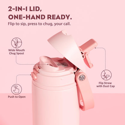 POWCAN 24 oz Insulated Water Bottle - 2-in-1 Lid with Push-Button Spout & Quick-Flip Straw | Leakproof, Stainless Steel, Cotton Candy