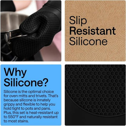 Gorilla Grip Silicone Oven Mitts Set - BPA-Free, Heat Resistant, Flexible Gripping | 4-Piece Black Set