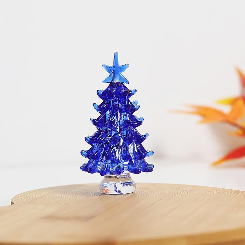 Blue Hand Blown Glass Christmas Tree Figurine - 1.38in Glass Ornament, Variation: Blue