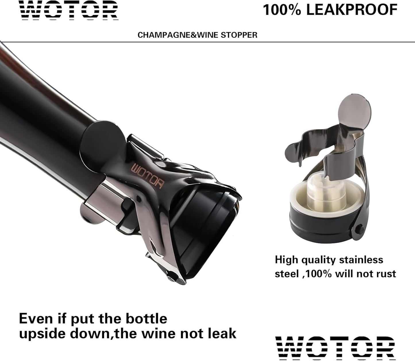 WOTOR Champagne&Wine Bottle Stoppers Stainless Steel with Food Grade Silicone, Leak Proof Keep Fresh Reusable Saver, Cork Suitable for Wine, Champagne, Cava, Prosecco and Sparkling (12 Pack Black）
