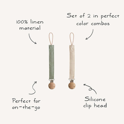 Mushie Linen Baby Pacifier Clip Holder - Soft Fabric Strap, 2-Pack in Olive & Shifting Sand